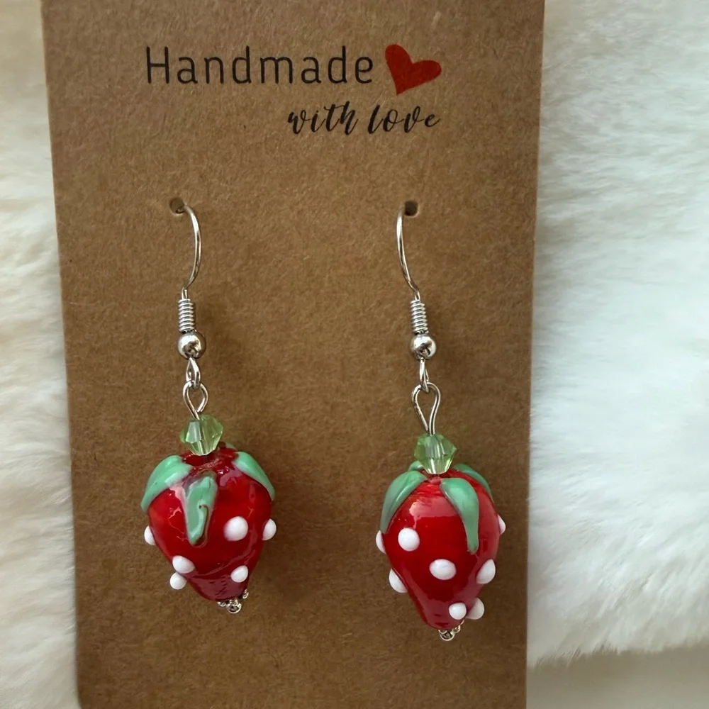 Handmade Strawberry Lampwork Glass Dangle Earrings